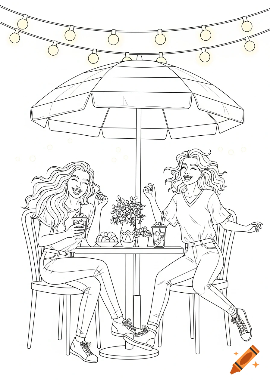 Line drawing of two smiling friends laughing at a cafe table, sipping iced drinks under an umbrella.