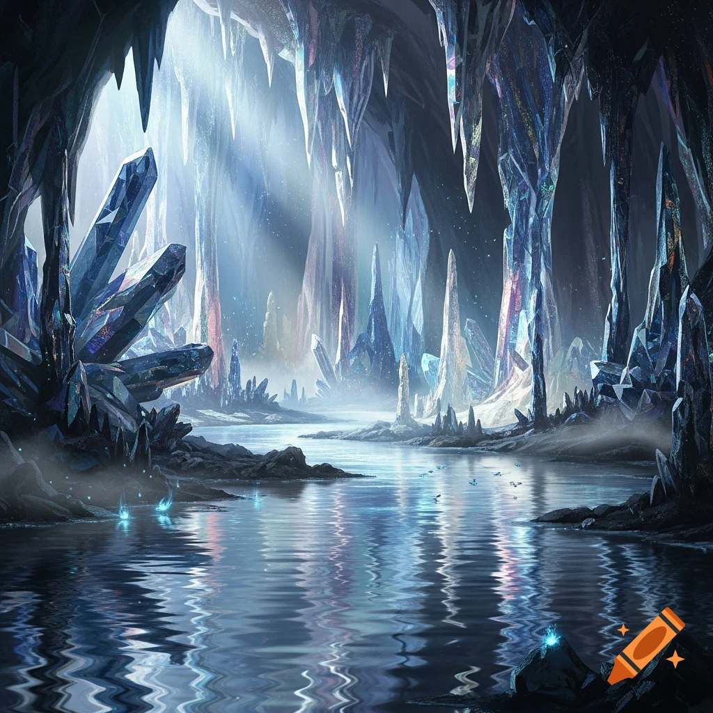 A glistening crystal cave with sharp stalactites and huge crystal formations beside a calm, reflective river, illuminated by a bright light.