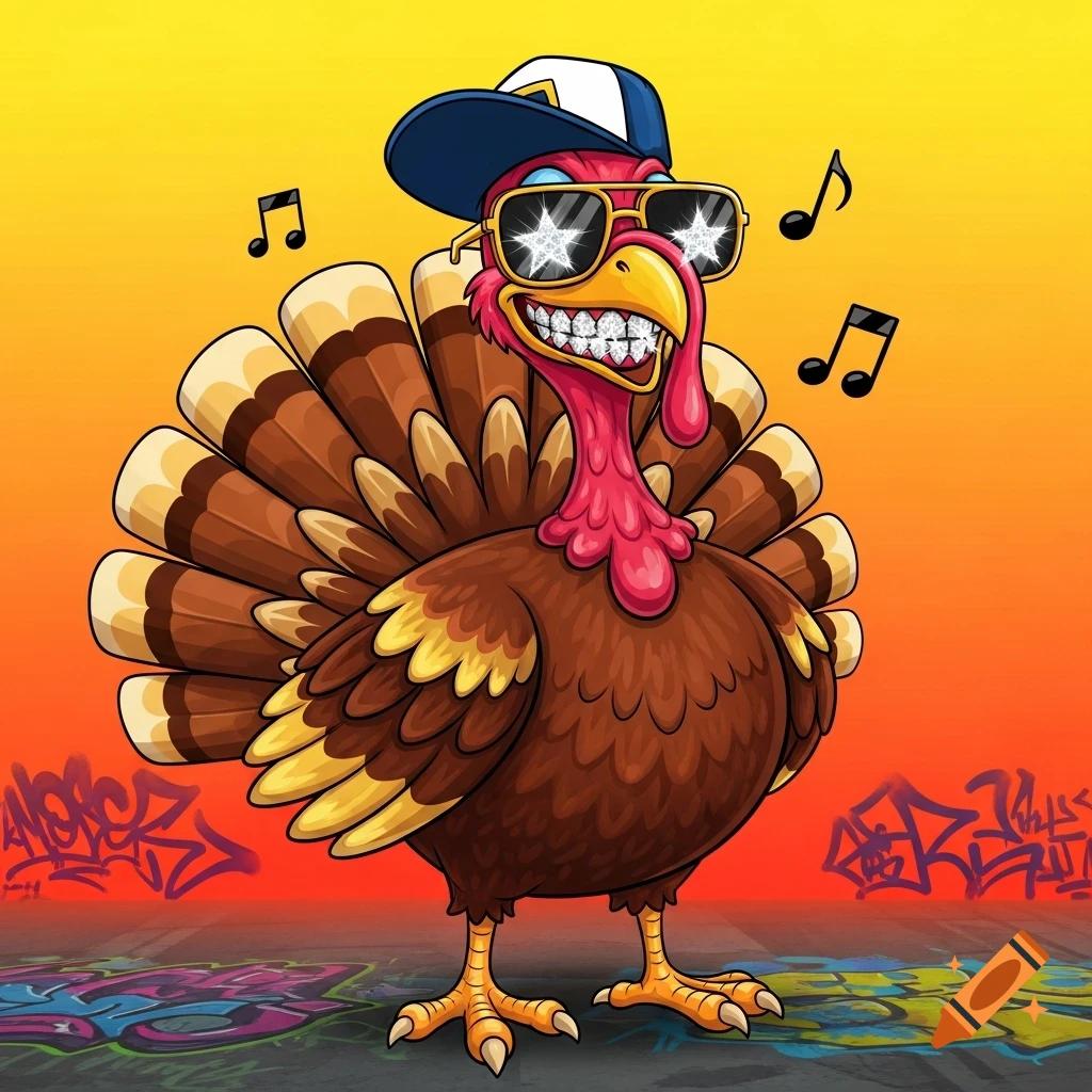 A cool cartoon turkey wearing a blue baseball cap, star-reflection sunglasses, and diamond grillz stands on a graffiti street with music notes.