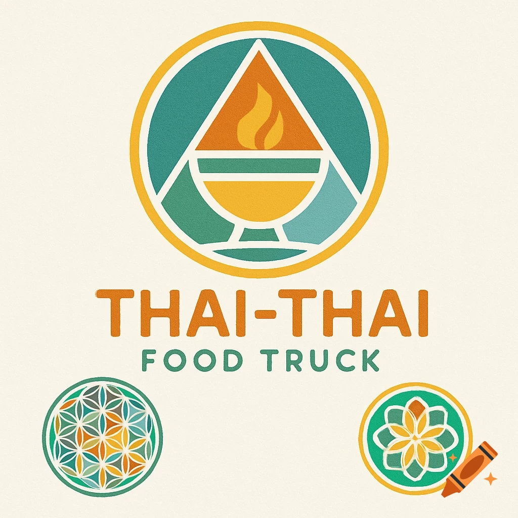 Thai-Thai Food Truck logo featuring a stylized bowl and flame in a geometric circle and triangle, with two smaller circular patterns below.
