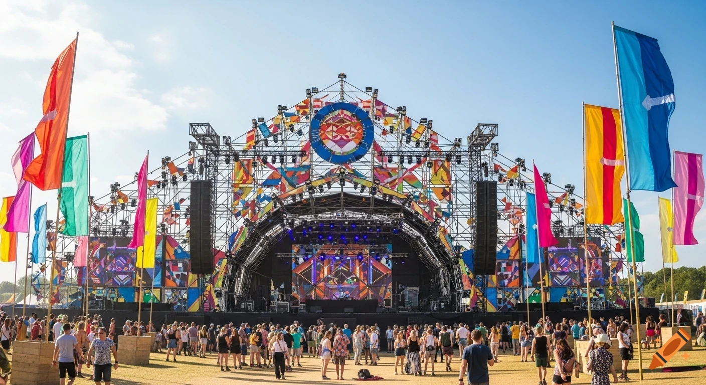 A wide shot of a large, colorful outdoor festival stage with intricate scaffolding and many flags, a crowd of people gathered in front.