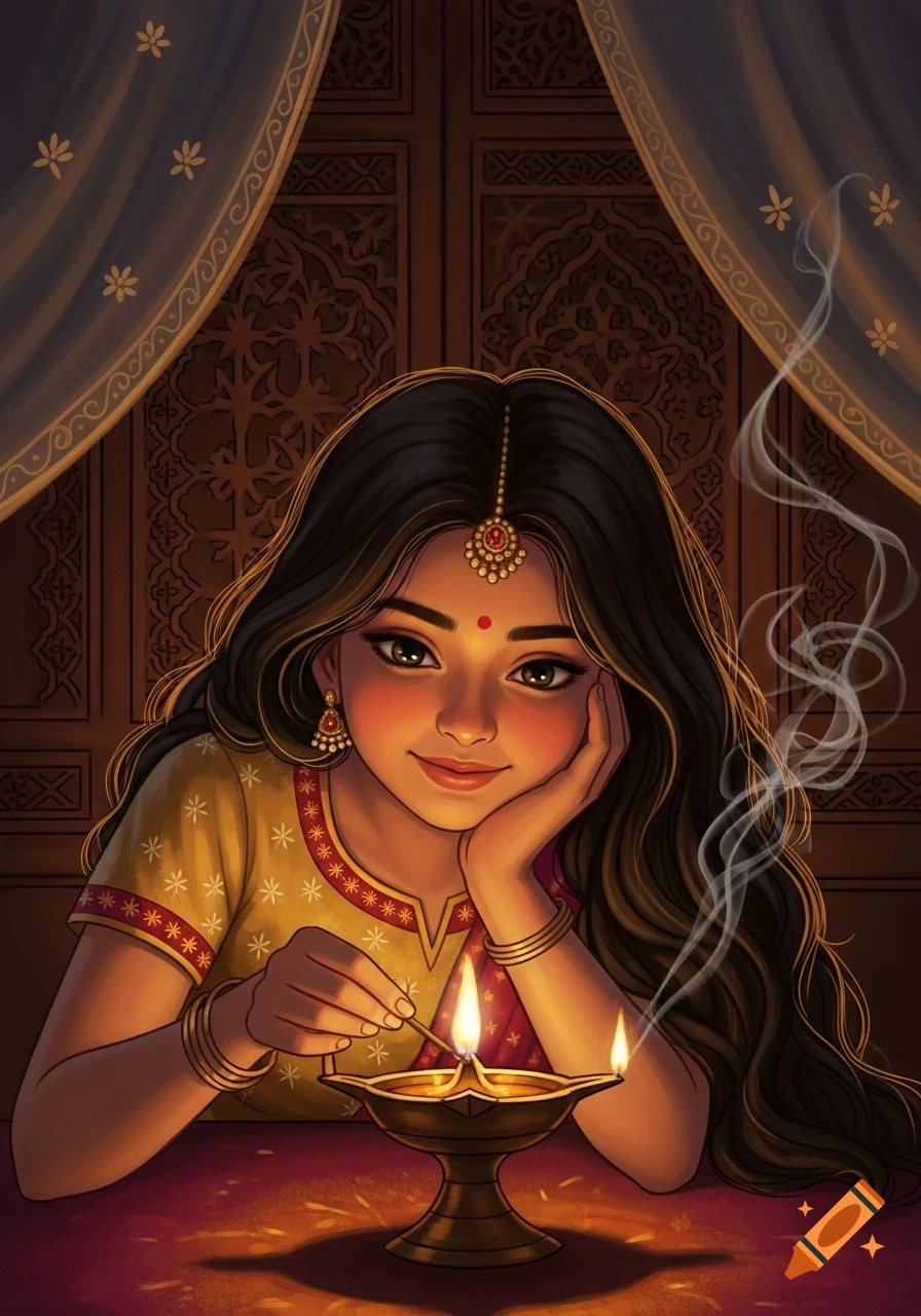 A smiling young Indian girl with long dark hair, wearing traditional clothes and jewelry, lighting a diya lamp in a dimly lit, ornately decorated room.
