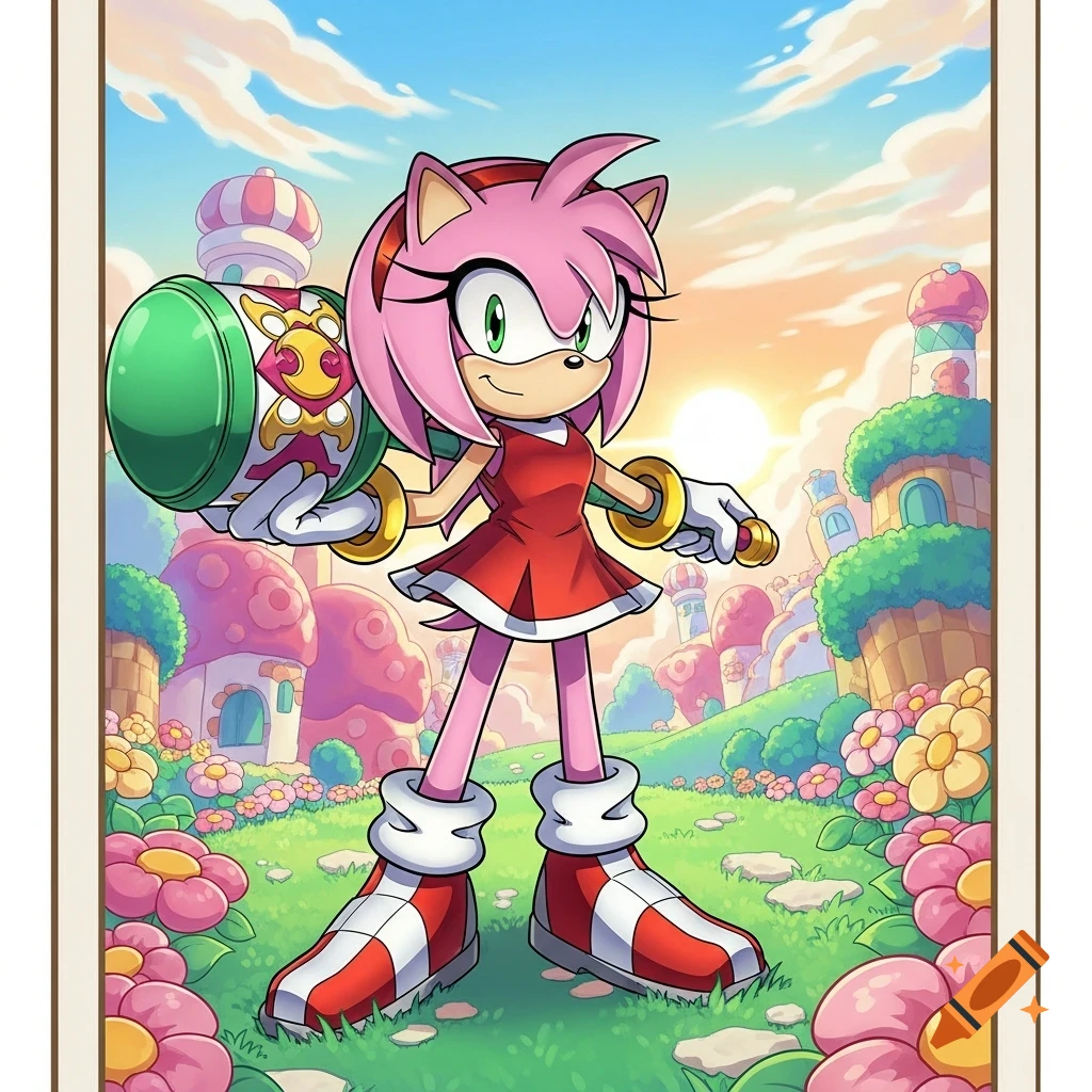 Amy Rose, a pink hedgehog in a red dress, holds her hammer in a vibrant cartoon landscape with mushroom houses and flowers.