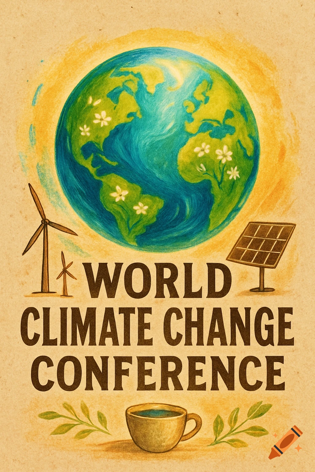 Crayon-style poster for the World Climate Change Conference featuring Earth, wind turbines, solar panel, and a coffee cup.