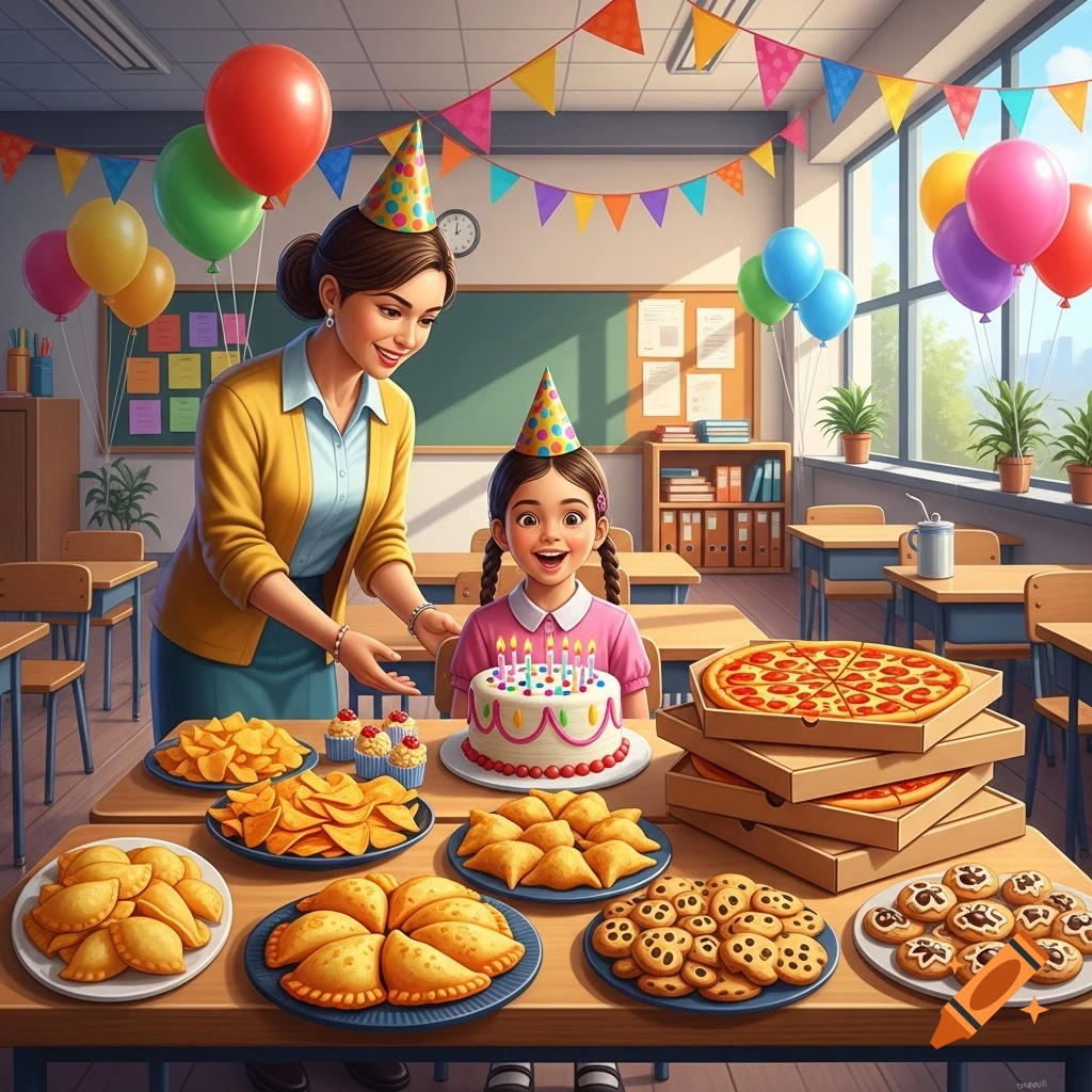 A teacher and a happy birthday girl celebrate in a classroom, surrounded by a table laden with cake, pizza, chips, and cookies, with colorful balloons and banners.