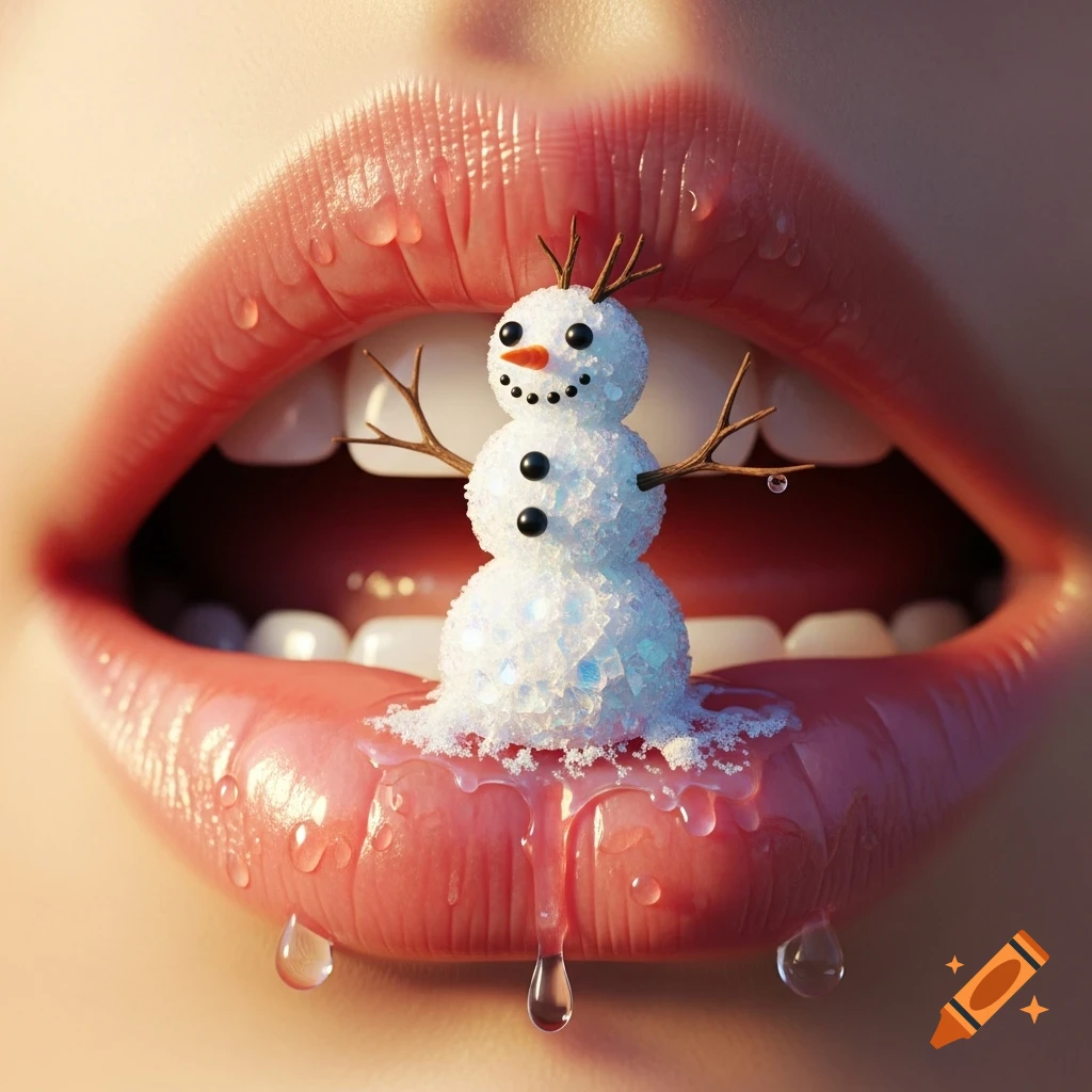 Close-up of human lips with a melting snowman on the lower lip, water droplets dripping.