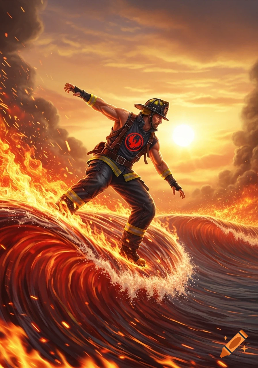 A muscular firefighter in full gear surfs a towering wave of fire and embers under a dramatic, fiery sunset.