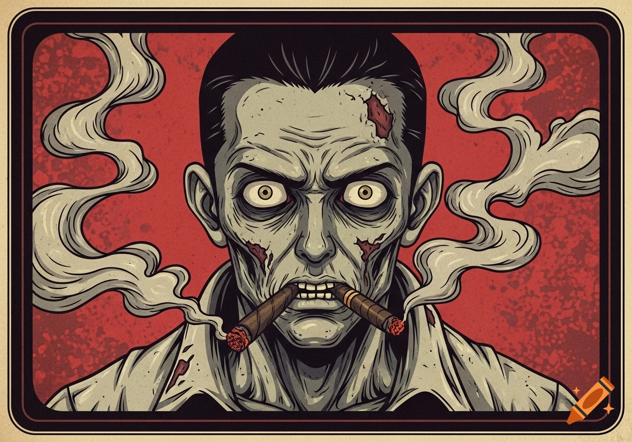 A vintage anime style illustration of a zombie man with gaping eyes, smoking two cigars, against a red textured background.