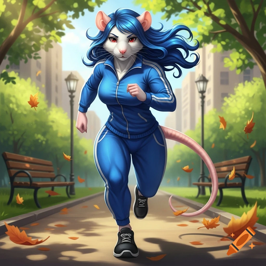 An anthropomorphic white rat with blue hair, red eyes, and a blue ...