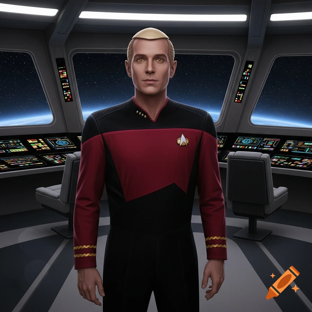 A man with blonde hair and golden eyes in a Star Trek uniform stands on a starship bridge with a view of space.