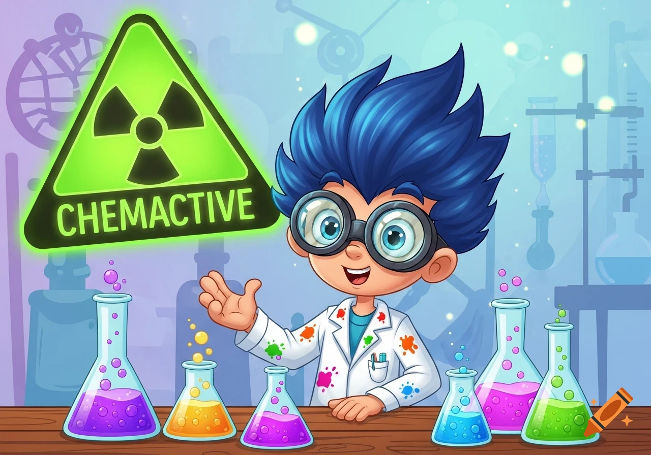 A smiling cartoon chemist in a lab coat and goggles, standing at a table with colorful beakers, with a green 'CHEMACTIVE' radioactive sign behind him.