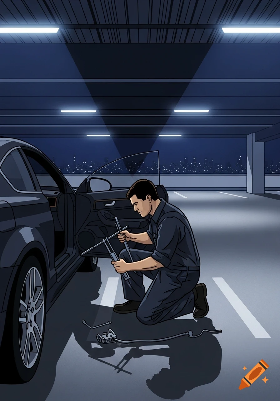 A man in Archer TV show style kneels, working on an open car door with tools in a dark parking garage.
