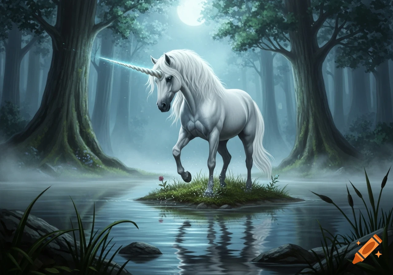 A white unicorn with a glowing horn stands on a misty island in a ...