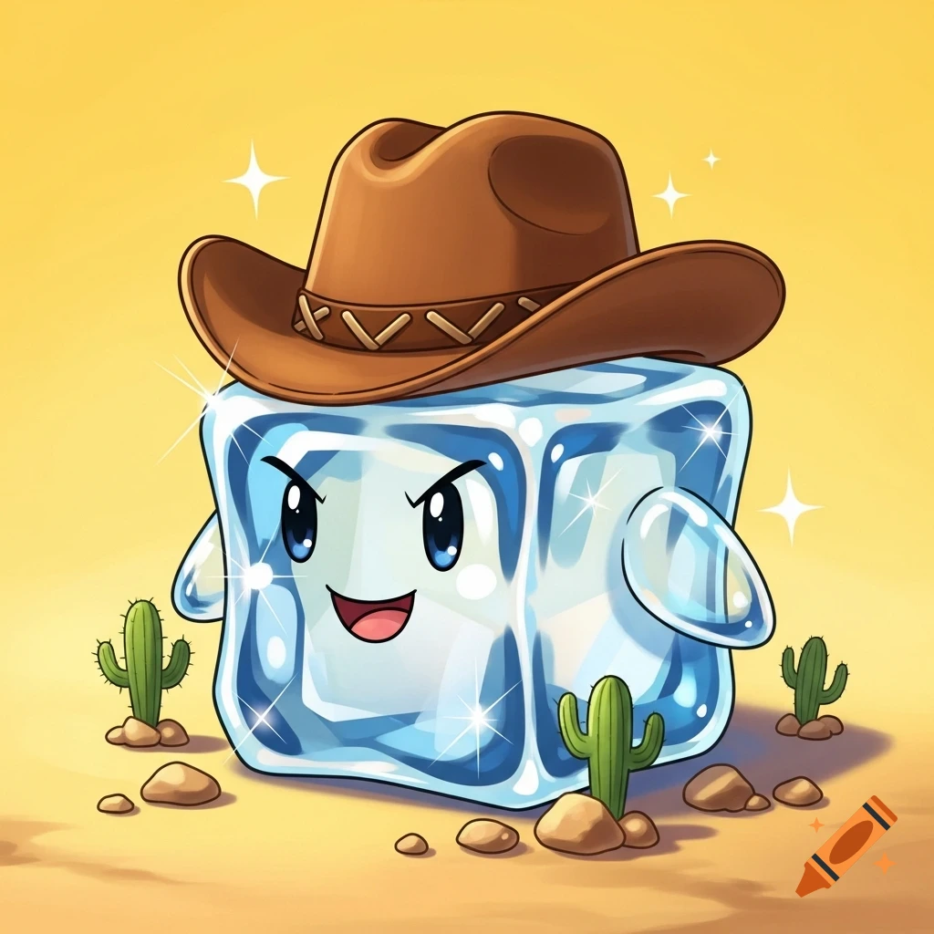 A cute anime ice cube character wearing a brown cowboy hat, standing in a desert landscape with small cacti and rocks.