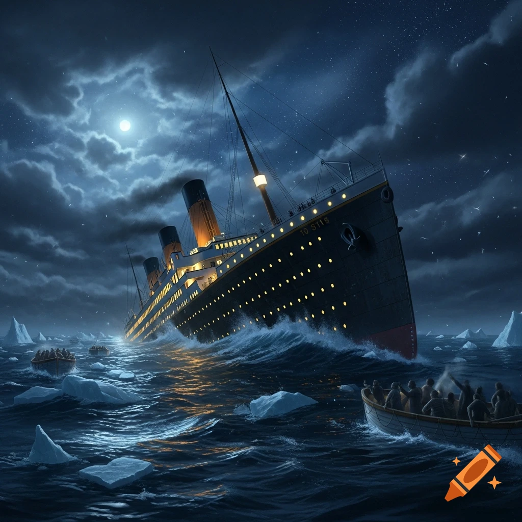 A large ocean liner, the Titanic, sinking at night in stormy waters filled with icebergs, with lifeboats nearby under a full moon.