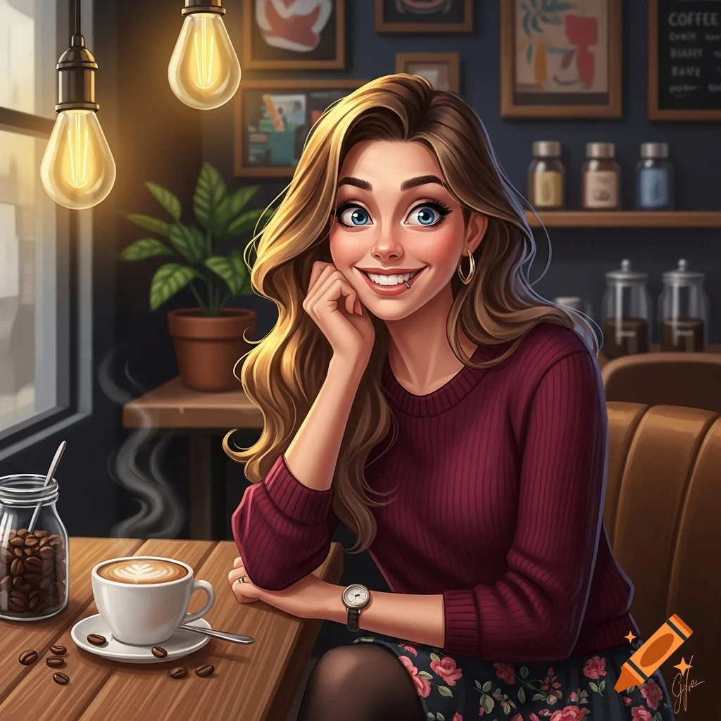 A cartoon illustration of a smiling woman with long wavy hair, wearing a red sweater and floral skirt, sitting at a coffee shop table with a latte.