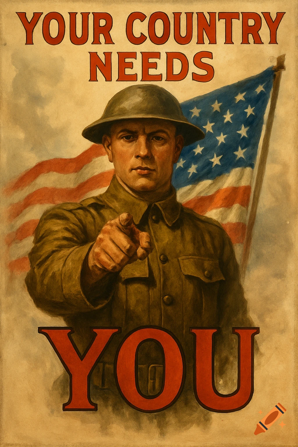 A WWI-style propaganda poster of a soldier in uniform pointing, with an American flag behind him and the text 'YOUR COUNTRY NEEDS YOU'.