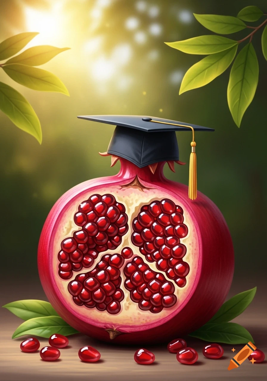 A cross-sectioned pomegranate wearing a black graduation cap with a gold tassel, on a wooden surface with seeds, under sunlit green leaves.