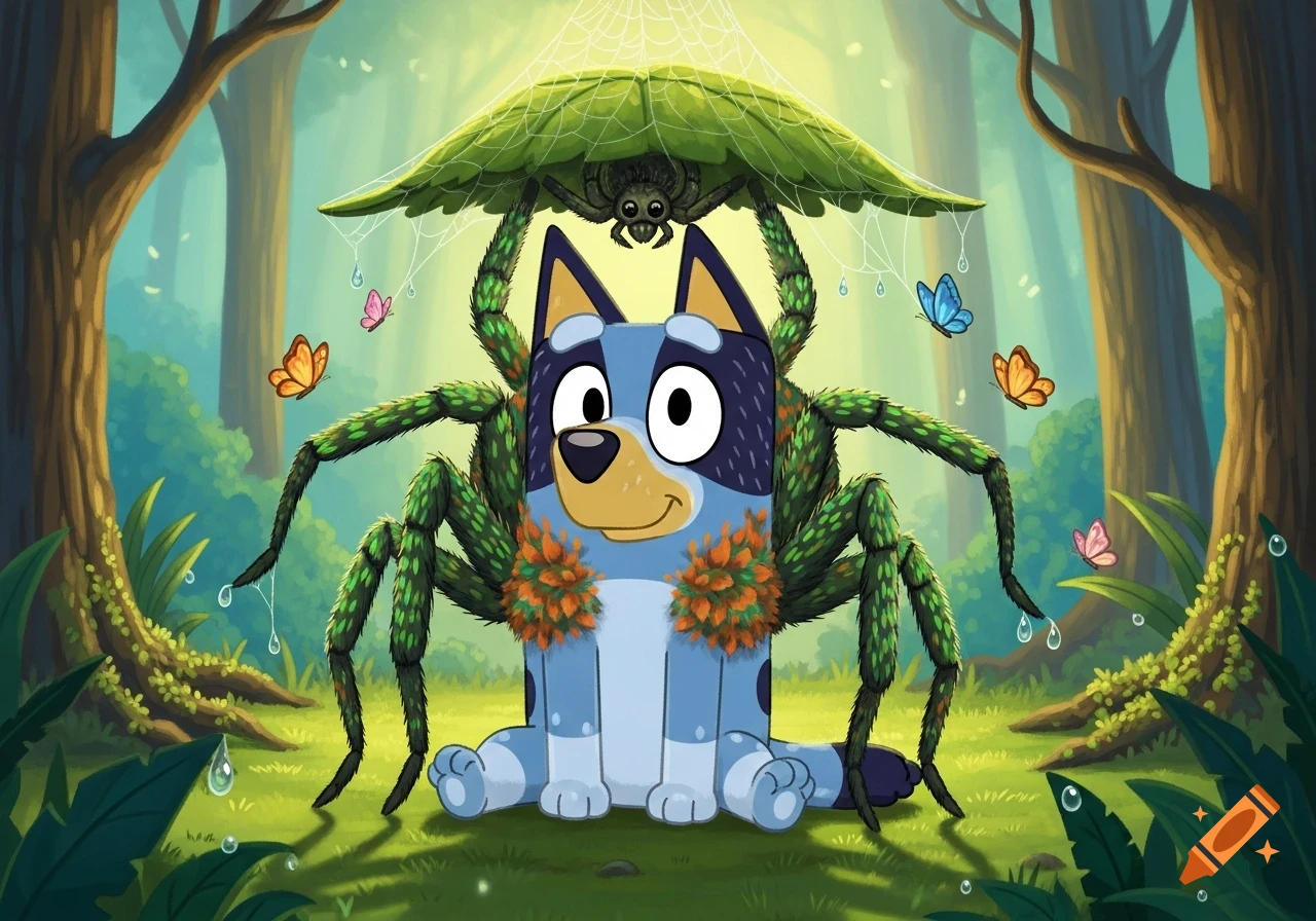 Bluey as a spider-like creature with green leafy legs, sitting in a lush, sunlit forest with butterflies.