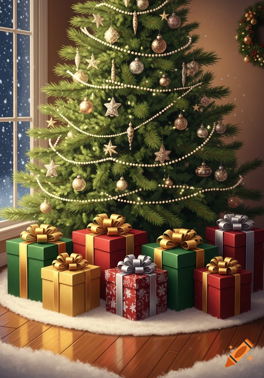 A brightly lit Christmas tree decorated with ornaments and white garlands, surrounded by red, green, and gold wrapped presents on a white tree skirt, beside a snowy window.