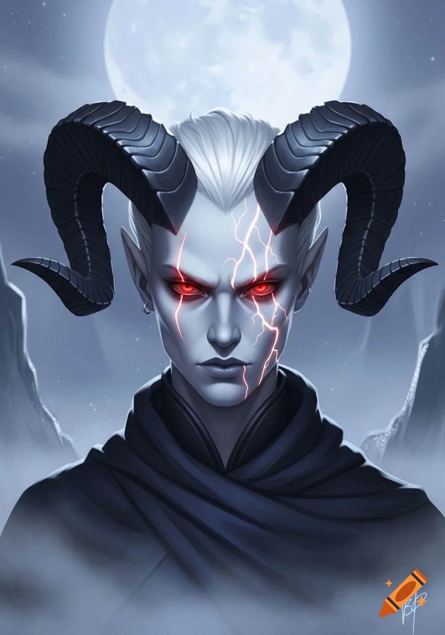 Close-up portrait of a pale tiefling with large dark horns, glowing red eyes, and red lightning facial scars, against a moonlit, misty mountain background.