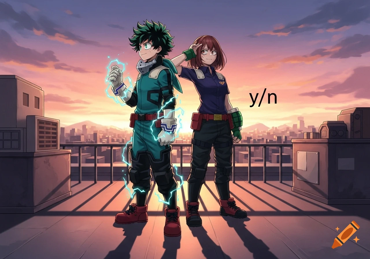 Anime style image of Izuku Midoriya with lightning and a brown-haired female on a city rooftop at sunset.
