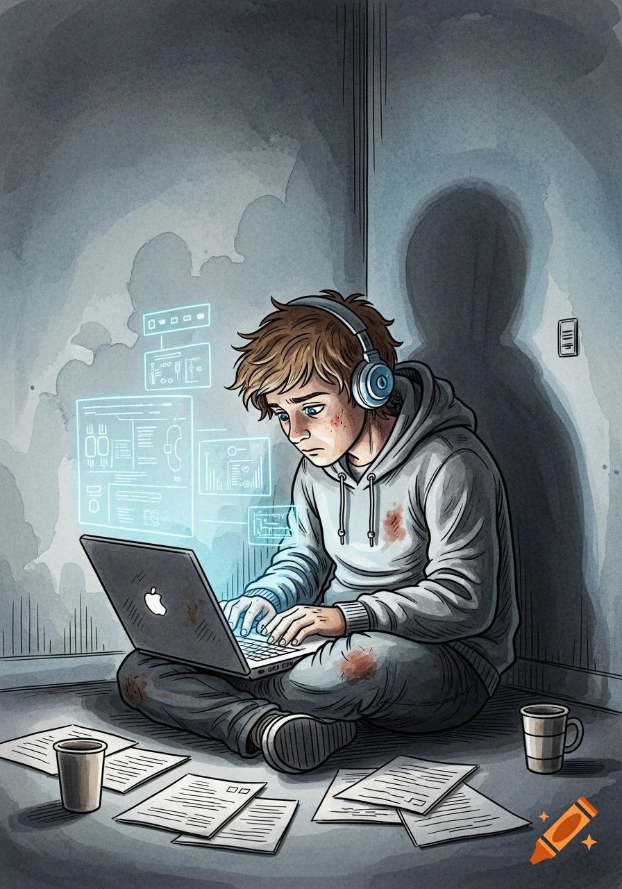 A stressed student wearing headphones and a stained hoodie sits on the floor, typing on a laptop with glowing screen interfaces, in a dark, watercolor-style room.