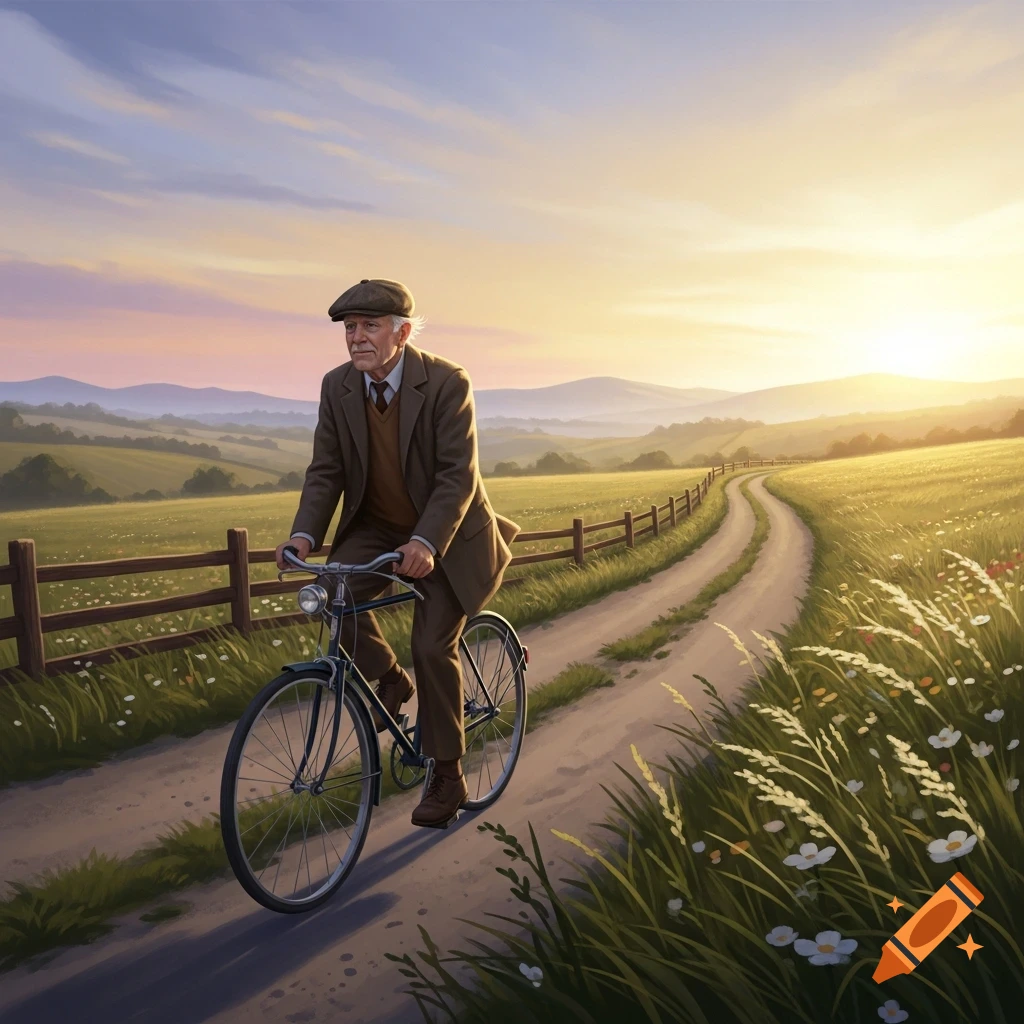 An old man in a suit and flat cap rides a bicycle down a dirt path through a green, rolling countryside at sunset.