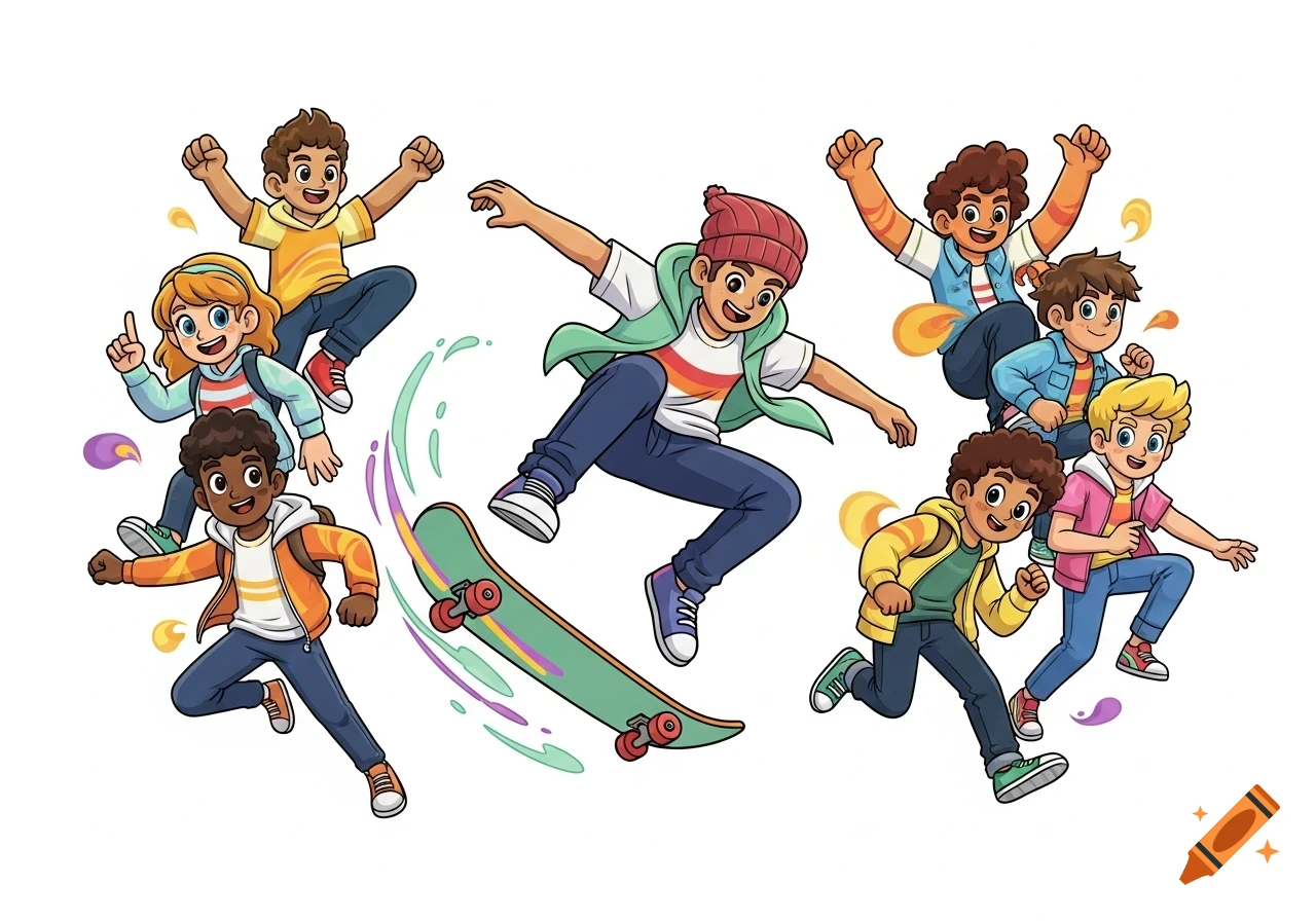 Energetic cartoon illustration of diverse children and teenagers jumping and running, with one on a skateboard, against a white background.