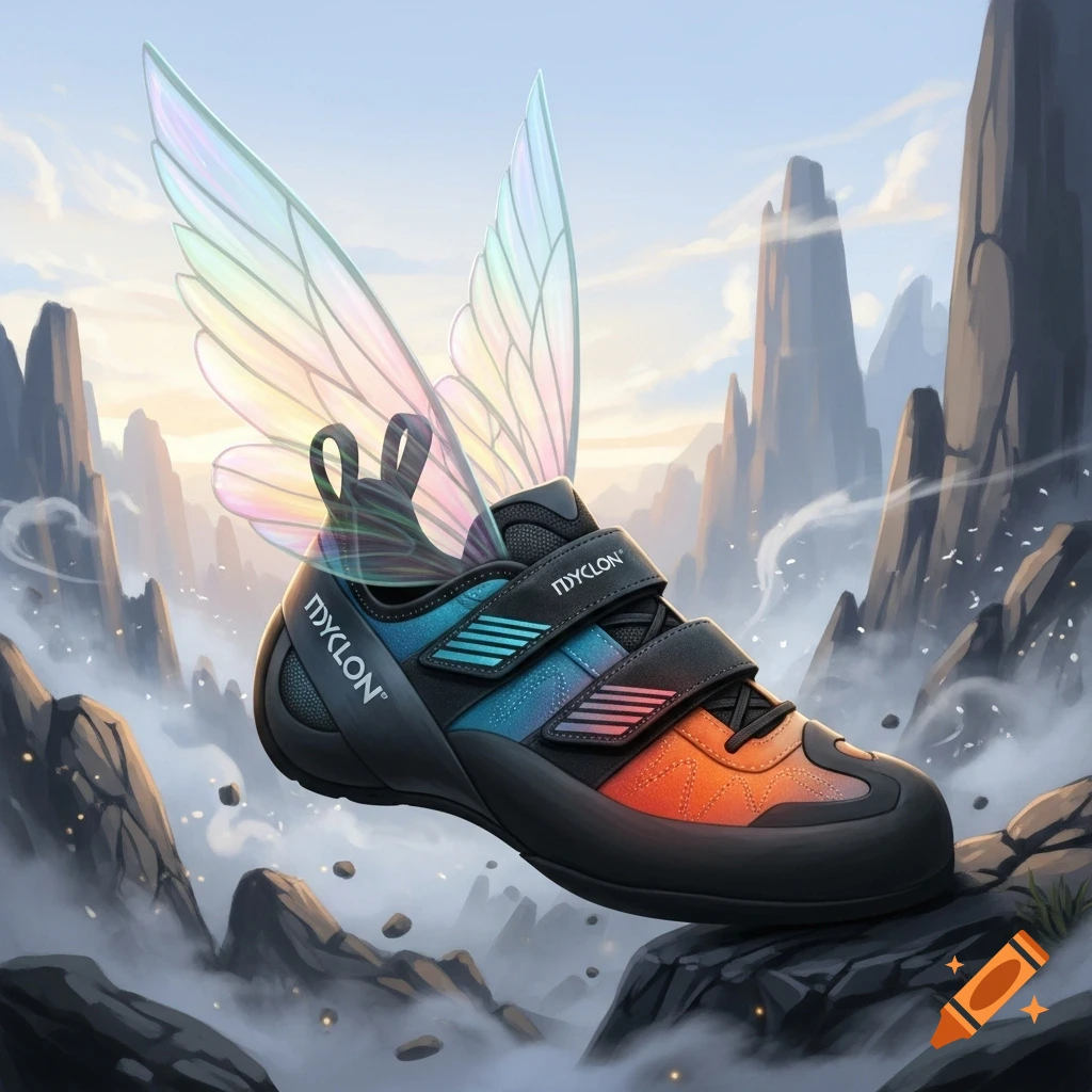 A colorful climbing shoe with iridescent fairy wings floats amidst misty, rocky mountains at sunrise.