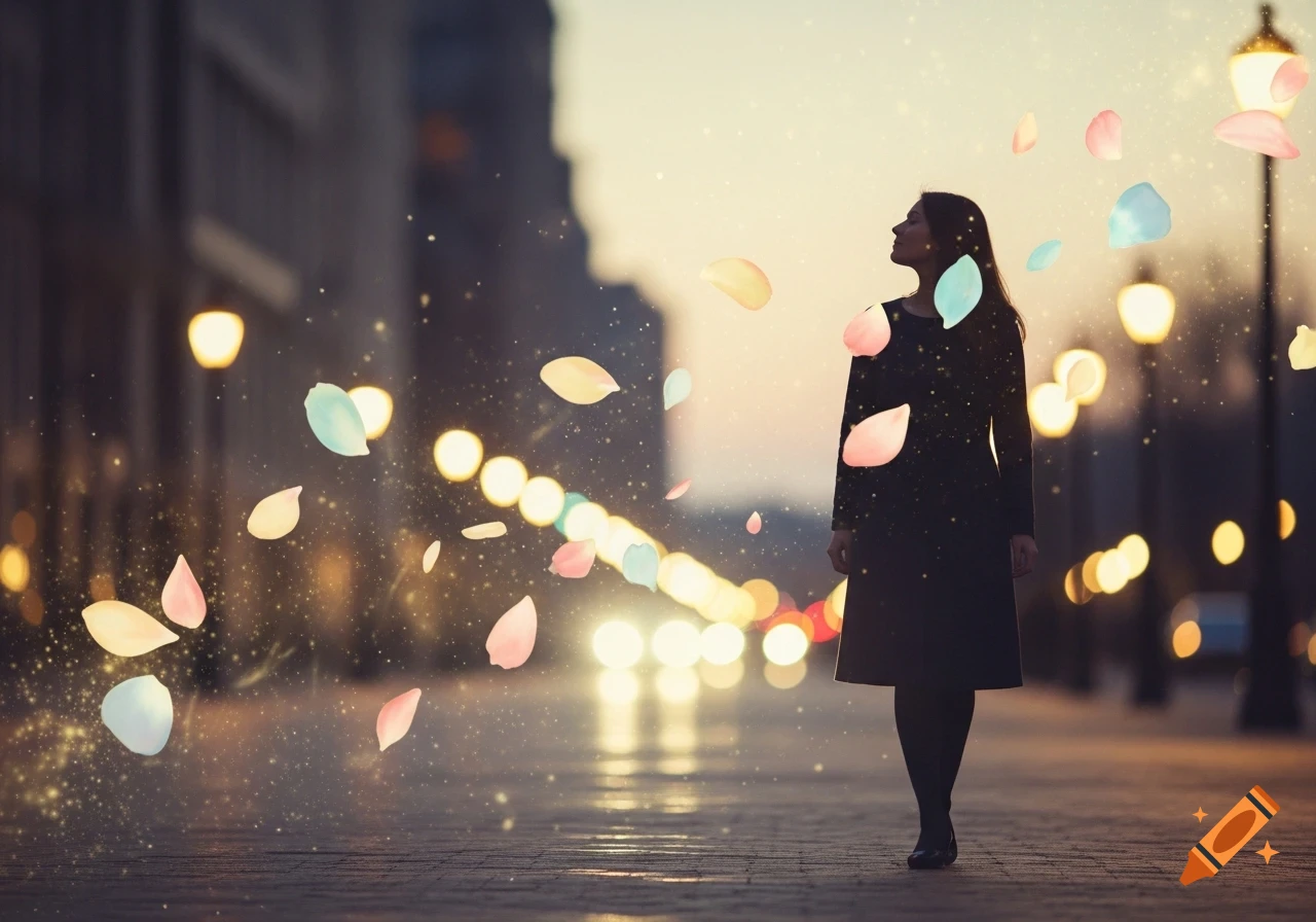 A woman walks on a luminous city street at dusk, surrounded by glowing, colorful petals and sparkling lights, creating a dreamlike scene.