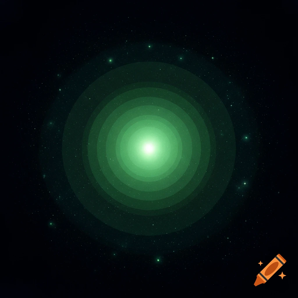 A bright green light surrounded by concentric glowing green circles against a dark, star-filled background.