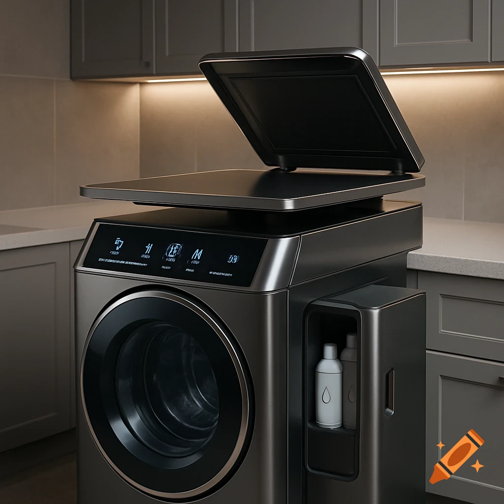 A sleek, dark gray futuristic washing machine with a lifting table and a side storage case containing bottles, set in a modern kitchen.