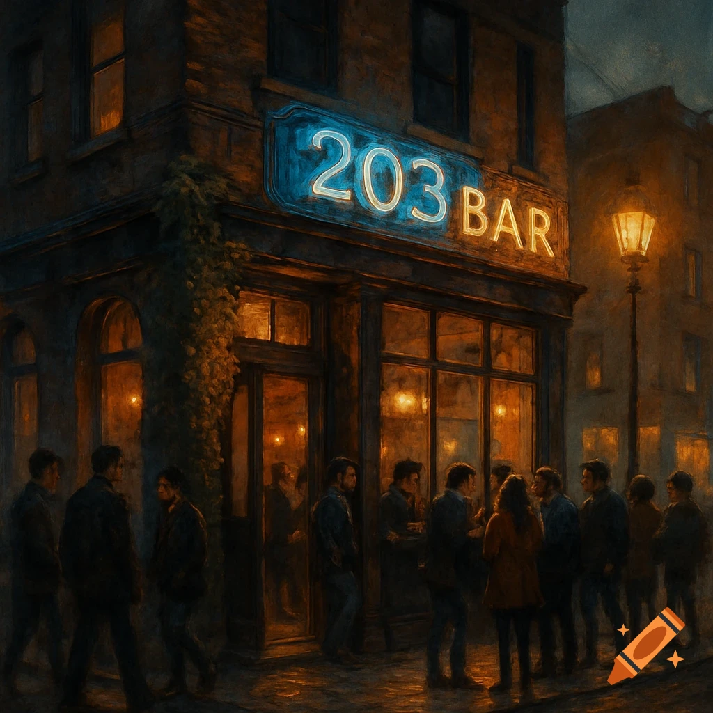 An impressionistic painting of a bar with a neon sign reading "203 BAR" at night, with people gathered outside on a dark, wet city street.