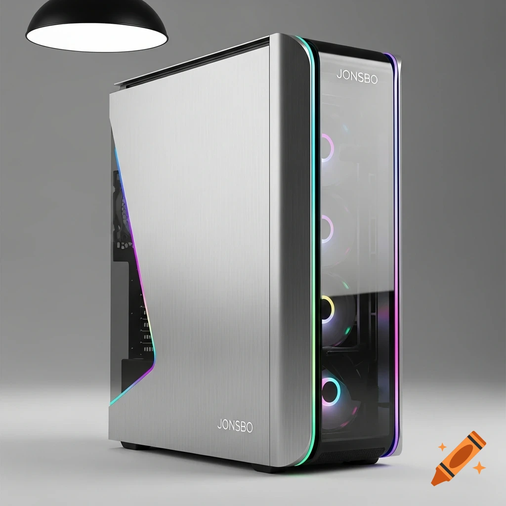 A sleek silver Jonsbo computer case with a glass side panel displaying internal fans with colorful RGB lighting, under a dark ceiling lamp.