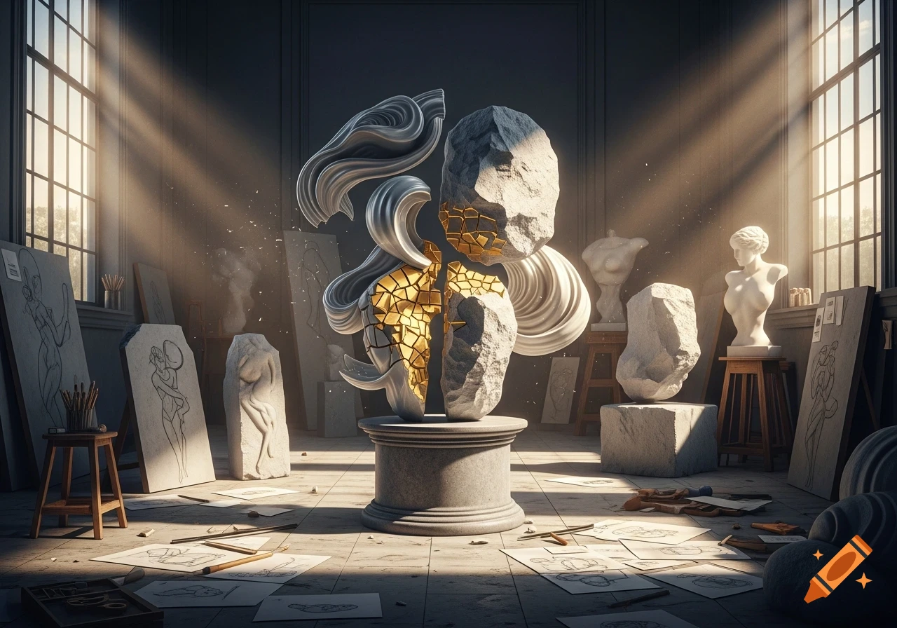 A stylized abstract sculpture featuring stone, gold, and flowing silver elements, dramatically lit in an art studio with other sculptures and sketches.