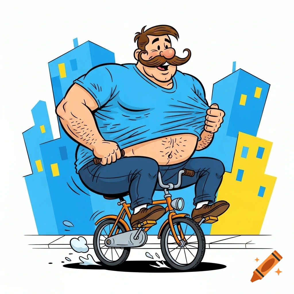 Humorous cartoon of an overweight man with a mustache riding a tiny bike, lifting his shirt to show his belly, cityscape background.