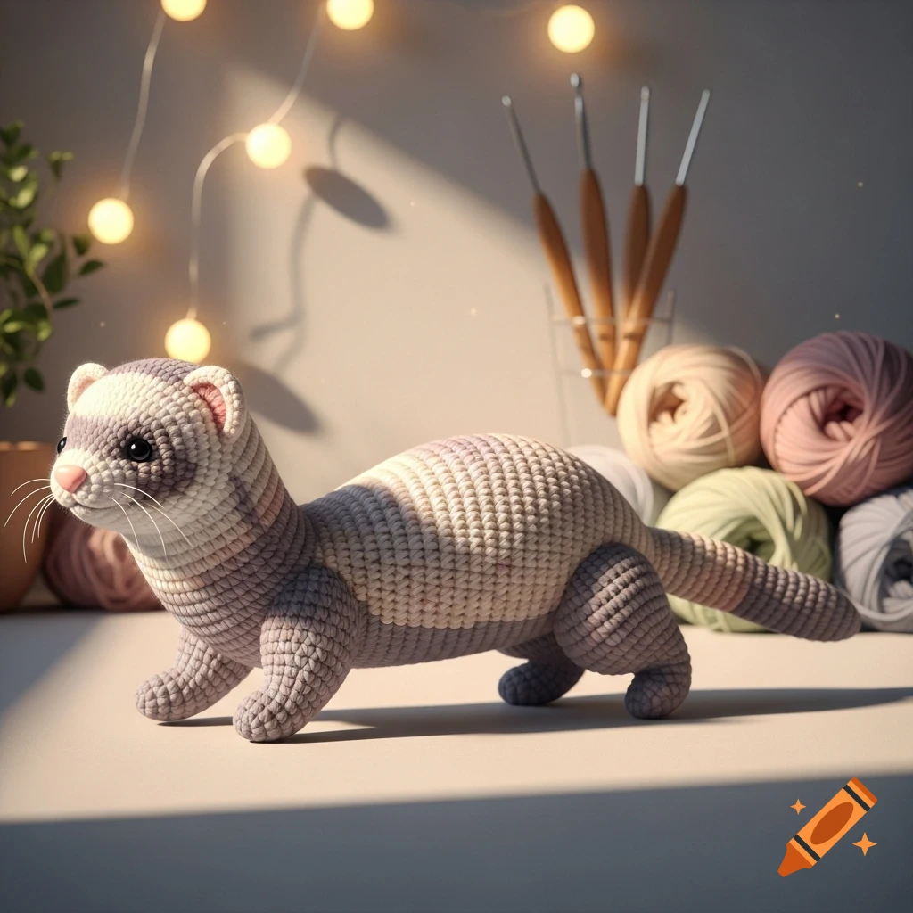 A crocheted ferret with white and purple stripes stands on a table, with yarn, crochet hooks, and string lights in the background.