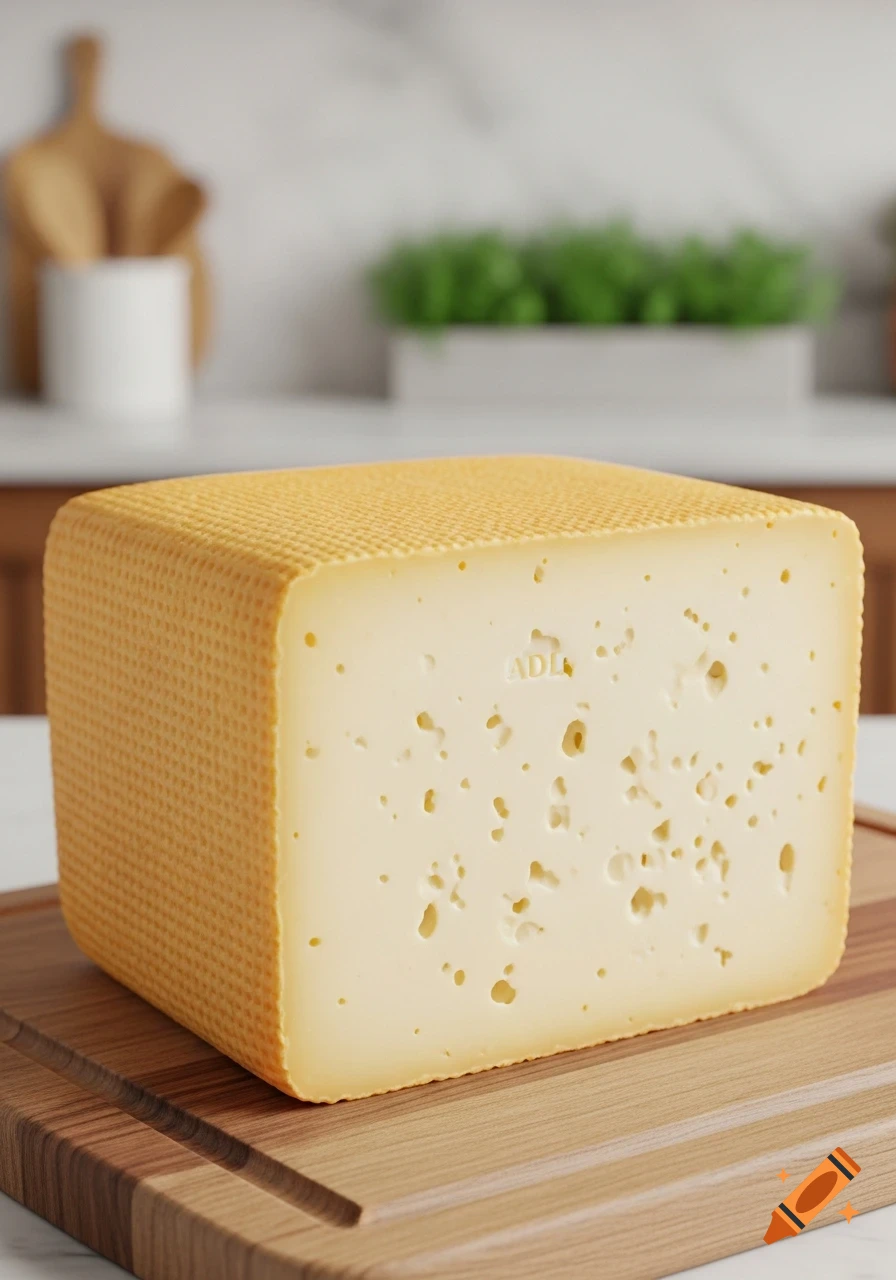 A large block of yellow cheese with holes rests on a wooden cutting board in a bright kitchen.