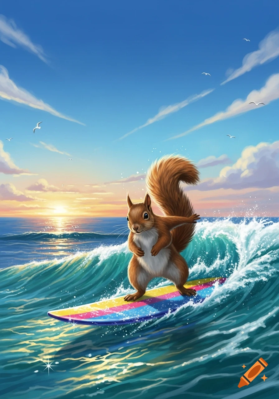 A cute brown squirrel surfs on a rainbow surfboard on a blue ocean wave at sunset.