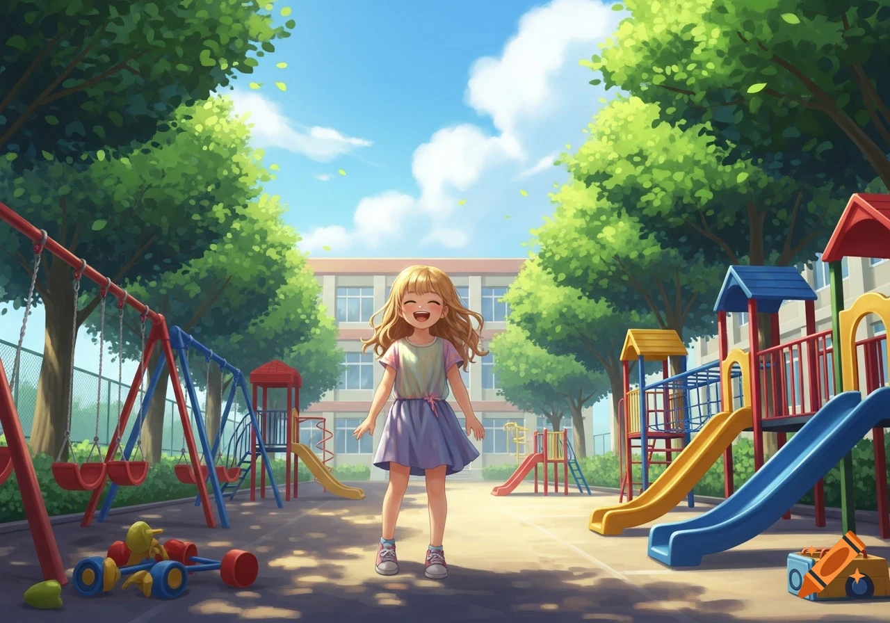 An anime-style image of a smiling blonde girl standing in a colorful school playground with swings and slides under a blue sky.