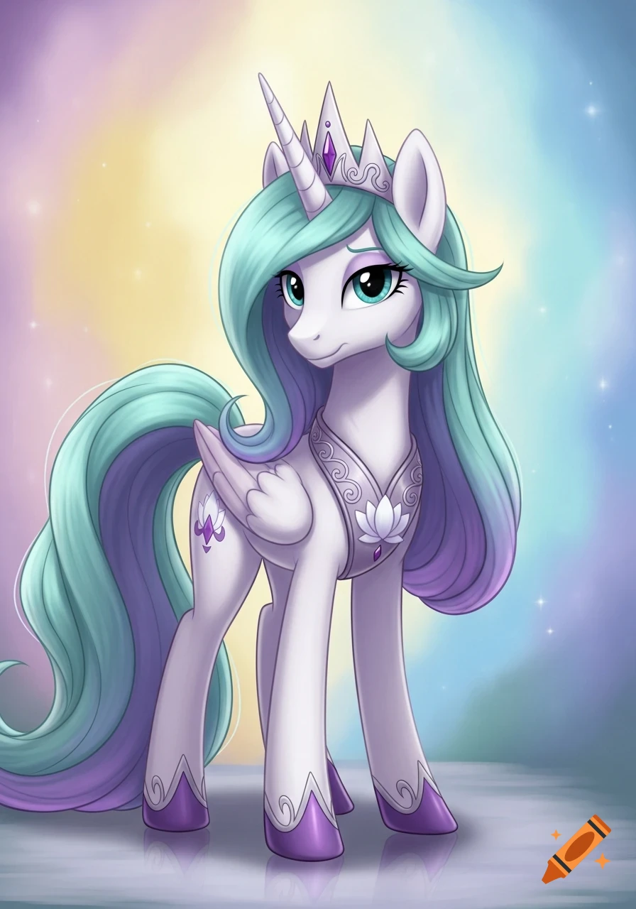 A cartoon white alicorn pony with a mint green and purple mane and tail, wearing a white crown and purple armor with lotus designs.