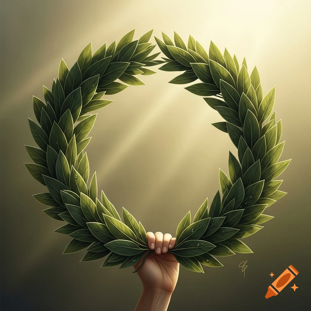 A hand reaches up, holding a vibrant green laurel wreath against a softly lit golden background.