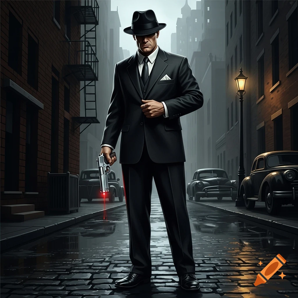 A man in a black suit and fedora stands on a wet cobblestone street at night, holding a pistol with a red laser sight. Vintage cars are in the background.