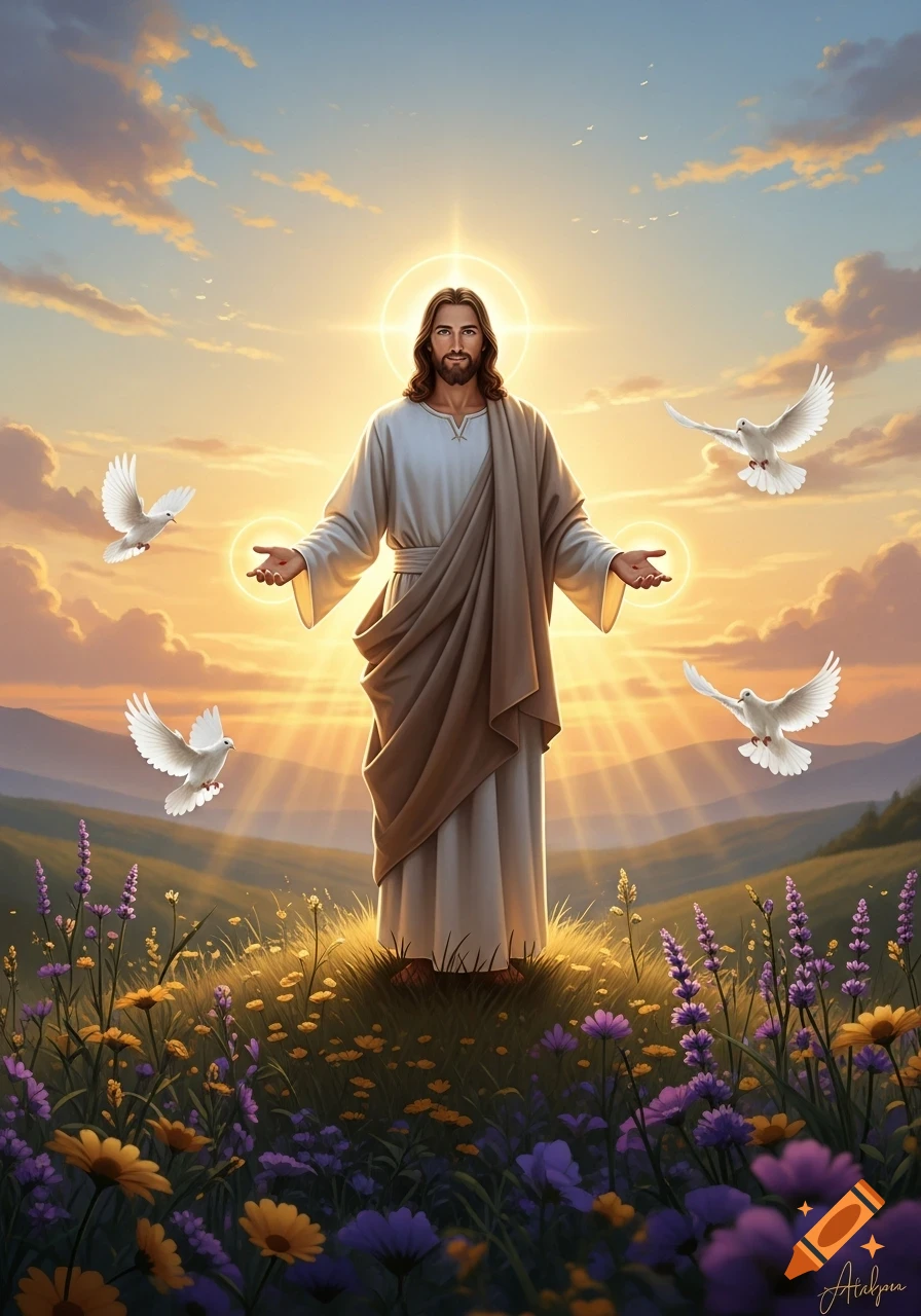 Digital painting of Jesus Christ with a radiant halo, standing with outstretched arms on a flower-filled hill at sunset, surrounded by four white doves.