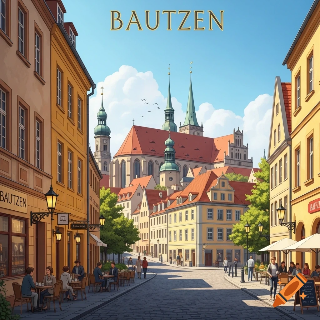 An illustrative street scene in Bautzen, Germany, with historic yellow buildings, outdoor cafes, and a large church under a blue sky.