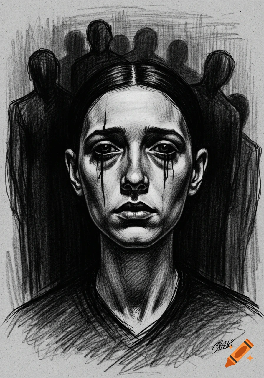 Charcoal drawing of a distressed woman with tear-streaked eyes and shadowy figures looming behind her.
