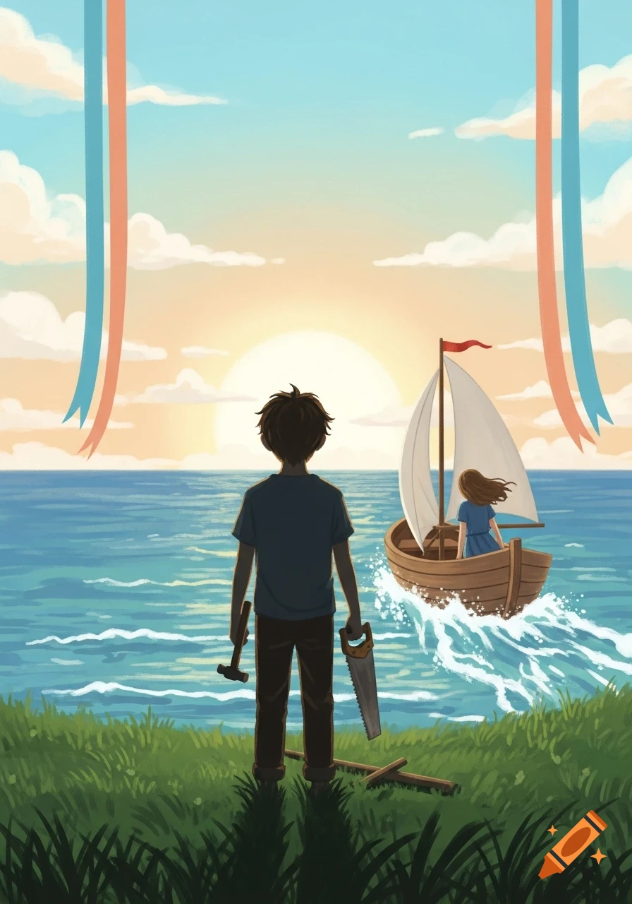 A boy on a grassy shore holds a hammer and saw, watching a girl sail away in a small boat at sunrise in an illustration.