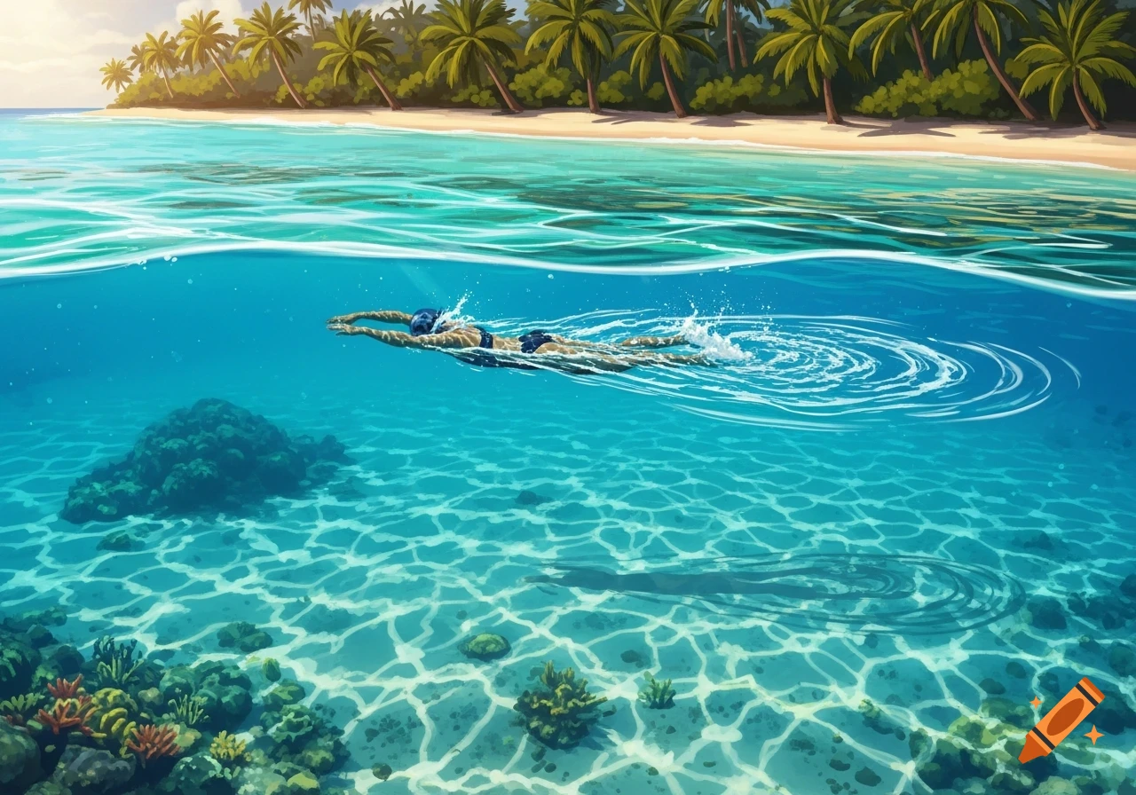 Stylized illustration of a person swimming in clear blue tropical ocean water with a sandy beach and palm trees in the background.