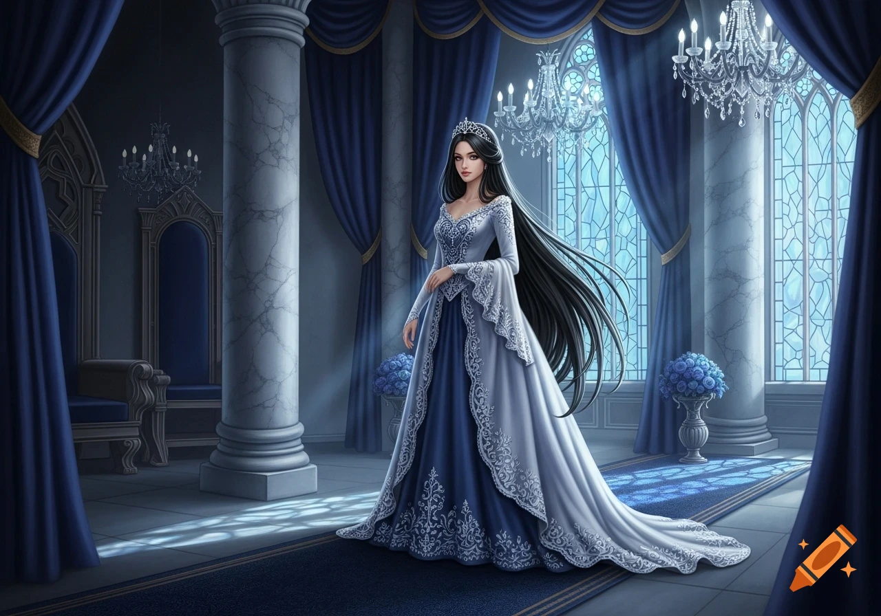 A black-haired princess in an elegant blue and silver gown and tiara stands in a lavish blue and silver palace hall, digital art.